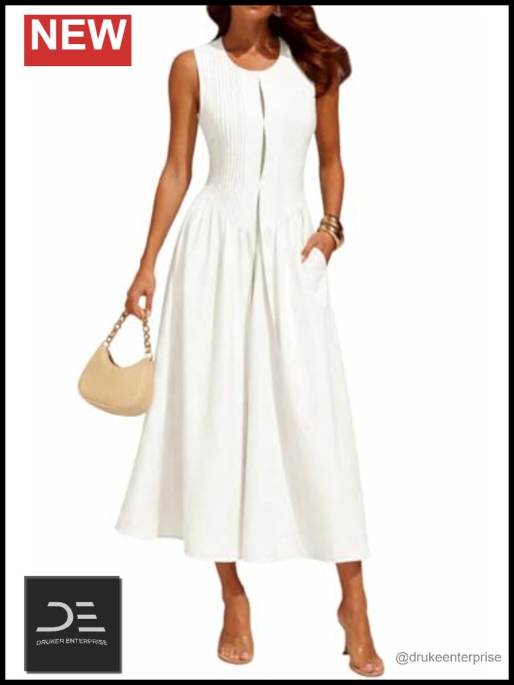 Puff Sleeve Shift Dress with Pockets Casual V-Neck Tunic